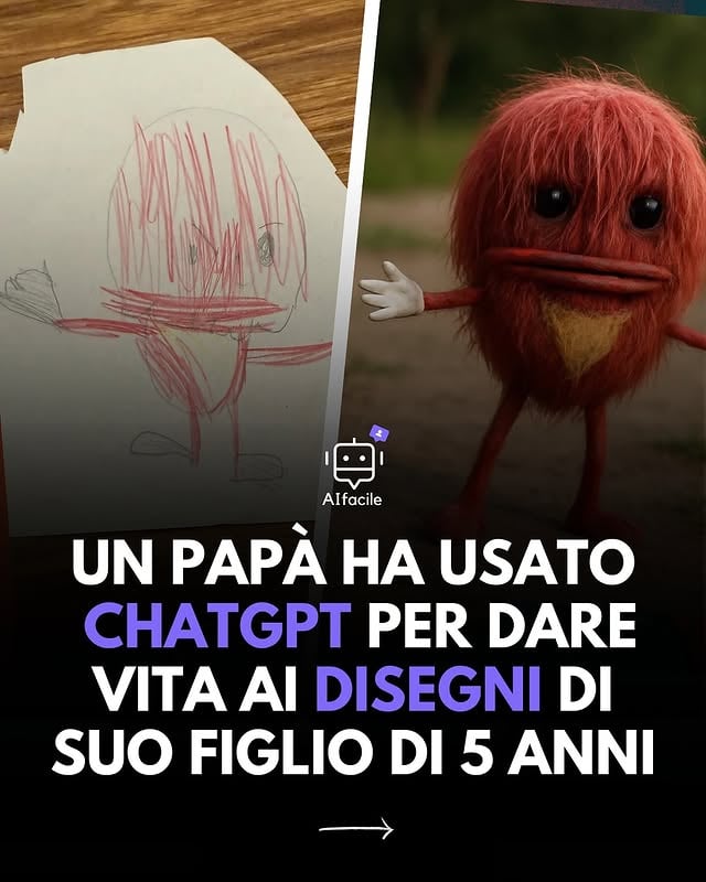 Prompt nell’ultima slide 👉Un papà ha iniziato per gioco a usare ChatGPT per trasformare i disegni del figlio di 5 anni in immagini fotorealistiche. Questo ha scatenato una reazione creativa travolgente: il bambino ha iniziato a creare nuovi disegni senza sosta, impaziente di vederli prendere vita! by @ai__facile