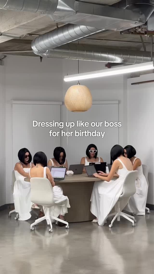 Dressing up like our boss will never not be an iconic Birdy Grey moment ✨🐣PS- we all wore our stunning Lauren dress which is a Birdy favorite! 🤍#lwd #littlewhitedress #bobhaircut #workprank #funnyworkmoments #worklife by @birdygrey