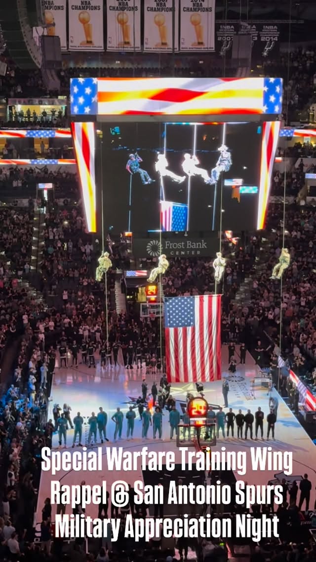 Operators from the Special Warfare Training Wing’s rappel team descend with the colors during the National Anthem at the @spurs vs @hornets game on Military Appreciation Night. by @specialwarfaretw