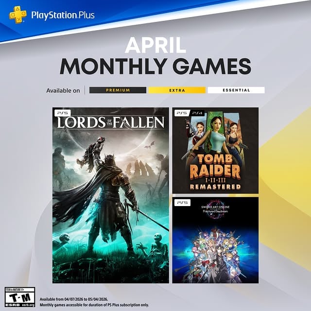 Your PlayStation Plus Monthly Games for April:👿 Lords of the Fallen🎒 Tomb Raider I-III Remastered⚔️ Sword Art Online Fractured DaydreamFor more details click the 🔗 in bio.