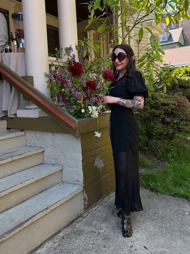 ENDLESS⚔️LOVE! Congratulations Alex and Danny!!! Probably my most favorite wedding guest look I’ve ever done and need more occasions to wear elf ears. Dress is 1930s vintage, glasses @prada boots @maisonmargiela chainmail hand bag @gracelingofficial body @skims by @oldloserinbrooklyn