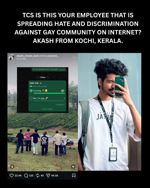 @tcsglobal this is your employee @akash_looser_bad and is this what your company represents?We believed TCS stood for inclusion, equality, and respect but the behaviour of your employee online seems to reflect something very different.I urge my LGBTQ+ community and everyone who believes in equality and dignity to share this and speak up against such hate and discrimination. If you truly stand for inclusivity, hold people accountable. Otherwise, people will believe what they see. 🏳️‍🌈 by @nakshatra.bagwe