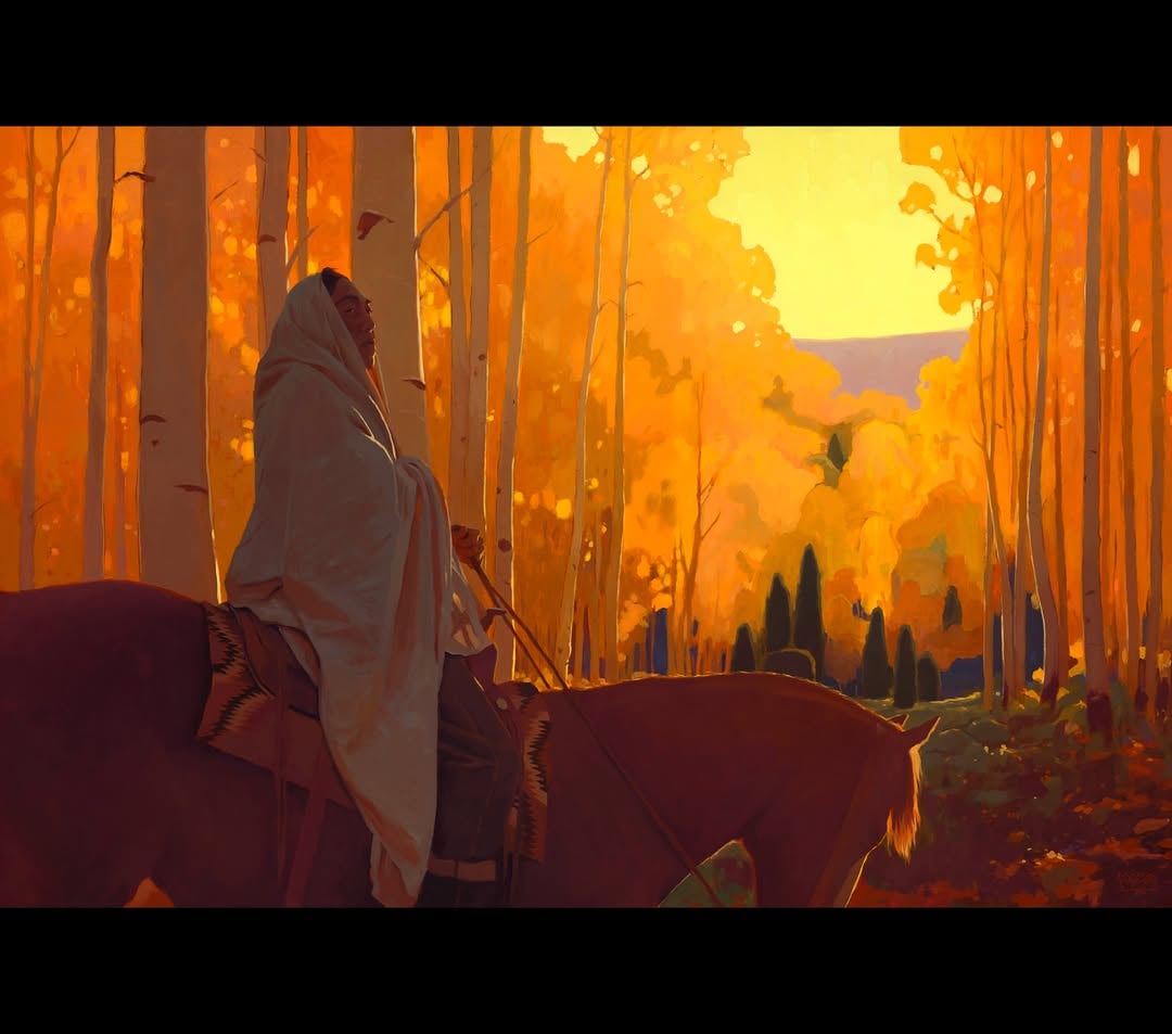 I’ve always seen the fall season as the “bouquet final” of nature cycle..like at a firework show, at the end they give you the all Shazam. Well experiencing fall in northern New Mexico is something one will never forget. This painting is of a memorie from 2020.. when me and some friends went up to the aspen groves and escaped from the madness that was going on in the world at that time, and drowned our souls in the forest of gold. “The Forest Of Gold”20x30 inches #mOil on linen.This original painting will be part of my solo show in Jackson Hole opening September 18th at the Center for the arts with @jacksonholeartauction . It will also be part of the June 13-14th print drop. by @markmaggiori