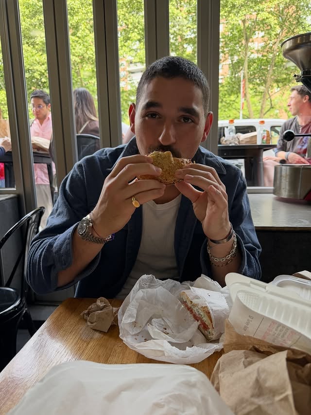 Spending my birthday in NYC with the thing I love most. A bagel………And my beautiful baby 😉 by @alanbersten
