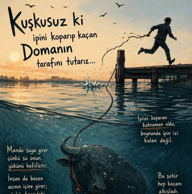 Bu şehir hep kaçanı alkışladı.Kalanı değil.İpi koparan kahraman oldu,boynunda ipin izi kalan değil.”