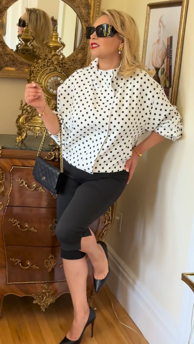 Polka dots, pearls, and a touch of glam ✨🖤 Classic style never goes out of fashion.My polka dot jacket and white top from @tankaneo.us polka dot outfit, chic fashion, classy style, elegant look, black and white outfit, luxury vibes, feminine fashion, sophisticated style, timeless fashion, stylish woman, glam outfit, vintage inspired, fashion influencer, designer sunglasses, gold accessories, classy chic, modern elegance, ootd inspiration, luxury lifestyle, Parisian style by @malous.lifestyle
