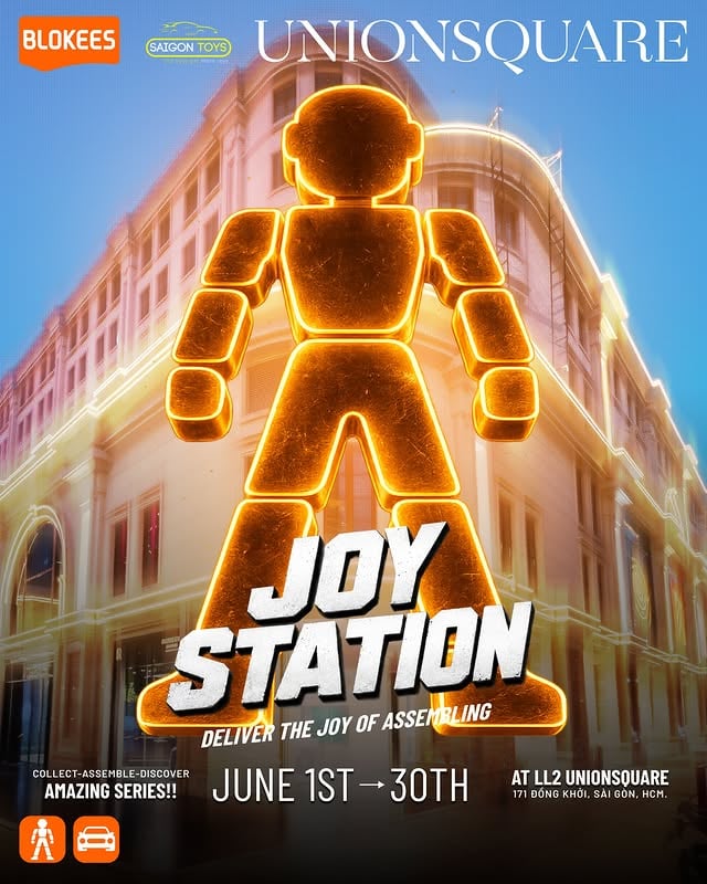 🚨 BLOKEES sắp cập bến TP.HCM tháng 6 này!Saigontoys kết hợp BLOKEES ra mắt JOY STATION — cửa hàng pop-up giới hạn với các thương hiệu Transformers, Marvel, Star Wars, Evangelion, Pokémon, Sanrio và hơn thế nữa. ✨Hơn cả một pop-up — đây là thiên đường cho tín đồ sưu tầm và văn hóa đại chúng.📍LL2, Union Square, 171 Đồng Khởi, Phường Sài Gòn, Thành Phố Hồ Chí Minh📅 1 – 30 tháng 6, 2026🚇 Di chuyển trực tiếp từ Ga Metro Nhà Hát Thành Phố qua lối đi ngầm kết nối Union Square!Trải nghiệm tại chỗ đang chờ — hẹn gặp bạn tại JOY STATION 👀---🚨 BLOKEES is coming to Ho Chi Minh City this June!Saigontoys teams up with BLOKEES for JOY STATION — a limited-time pop-up experience featuring Transformers, Marvel, Star Wars, Evangelion, Pokémon, Sanrio & more. ✨More than a pop-up — it’s the ultimate playground for collectors and pop culture fans.📍LL2, Union Square, 171 Đồng Khởi Street, Sài Gòn Ward, Hồ Chí Minh City📅 June 1 – June 30, 2026🚇 Direct access from Opera House Metro Station via the underground connection to Union Square!Exciting on-site activities await — see you at JOY STATION! 👀#Blokees by @blokees.official