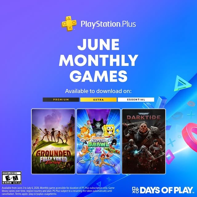 The PlayStation Plus Monthly Games for June are out now: 🐜 Grounded Fully Yoked Edition🫟 Nickelodeon All-Star Brawl 2 🪐 Warhammer 40,000: Darktide