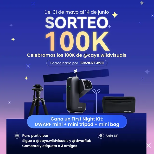 ¡LLEGAMOS A LOS 100K! 🥳✨ ¡No puedo creer que seamos tantos descubriendo juntos el cosmos! Para celebrarlo y agradecéroslo cuento con el apoyo de @dwarflab para sortear este equipo con el que podréis empezar a hacer astrofotografía fácilmente. 📸🔭¡Sorteamos un First Night Kit! Que incluye:✅ DWARF mini ✅ Mini trípode✅ Mini bolsa Para llevarte este pack, solo tienes que seguir estos pasos:1️⃣ Seguir a @caye.wildvisuals y a @dwarflab2️⃣ Comentar en esta publicación etiquetando a 3 amigos (¡cuantos más comentarios, más posibilidades de ganar!)Opcional* Puedes ayudarnos compartiendo esta publicación en tus historias, para que otros amantes del universo tengan también la oportunidad de ganar este kit.🗓️ El sorteo está abierto desde hoy, 31 de mayo, hasta el 14 de junio a las 23:59, hora española.📍 Válido solo para residentes UE.🍀 El ganador será elegido de forma aleatoria mediante la plataforma AppSorteos o similar.¡Muchísima suerte a todos! Estad atentos a las historias donde anunciaré al ganador/a a partir del día 14 de junio.💬 Contactaremos con el ganador por Instagram para organizar el envío del premio cuanto antes.*Si el ganador no responde en el plazo de 7 días, o si no cumple con alguno de los requisitos de participación, se hará un segundo sorteo. ¡Gracias por estar ahí! 🙌✨#dwarflab #dwarfmini #Sorteo #100KSorteo #Giveaway by @caye.wildvisuals