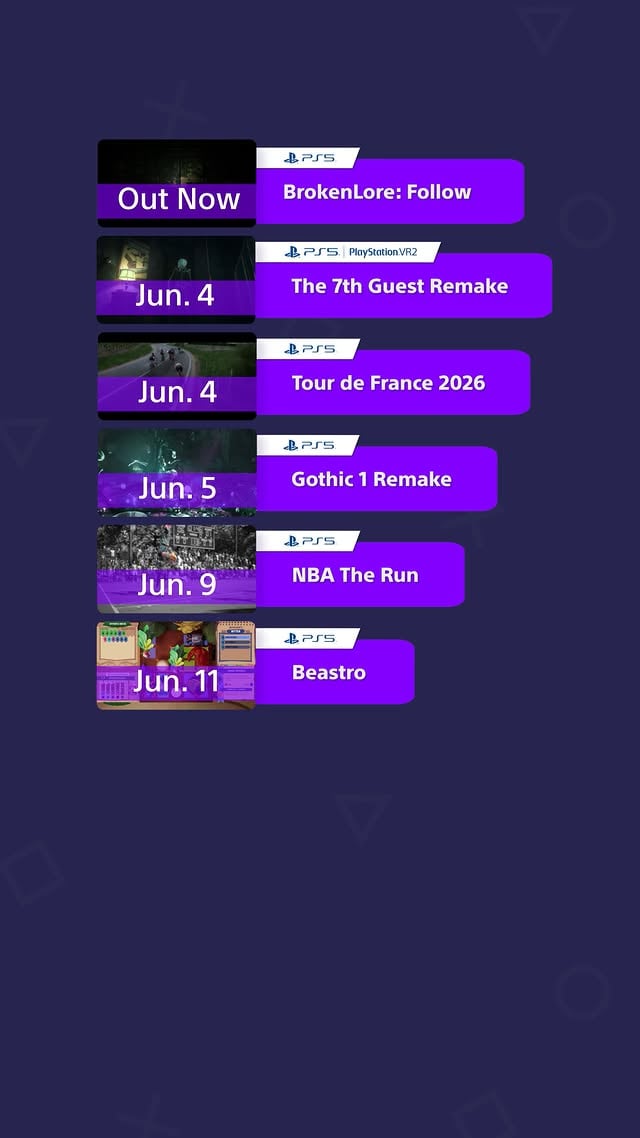 This Month on PlayStation 📅🔪 Out now - BrokenLore: Follow 🏨 June 4 - The 7th Guest Remake🚴 June 4 - Tour de France 2026🏹 June 5 - Gothic 1 Remake🏀 June 9 - NBA The Run 🍳 June 11 - Beastro🚆 June 17 - Denshattack⚔️ June 18 - The Adventures of Elliot: The Millennium Tales🚀 June 18 - R-Type Tactics I • II Cosmos🥊 June 19 - UFC 6👊 June 25 - Dead or Alive 6 Last Round