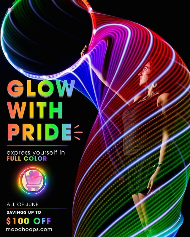The Glow With Pride Sale is here ✨⁠⁠Save up to $100 off throughout June as we celebrate movement, self-expression, and the incredible LGBTQIA+ members of our community.⁠⁠All month long we'll be sharing featured artists, community stories, playlist picks, giveaways, and more.⁠⁠More color.⁠More movement.⁠More you.⁠🌈 Your light belongs here.⁠⁠#PrideMonth #MoodHoops #FlowArts #FlowCommunity #LEDhoops⁠ by @moodhoops
