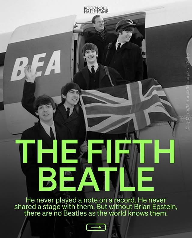 The Beatles would not be who they are without Brian Epstein.Epstein discovered @thebeatles in a Liverpool basement club in November 1961, got turned down by every major label in London, and eventually landed them at Parlophone with George Martin. He negotiated @theedsullivanshow appearance that put them in front of 73 million American viewers on February 9, 1964. He did all of it at a time when being with another man could land you in prison.Epstein, who @paulmccartney once called the fifth Beatle, was posthumously inducted into the Rock & Roll Hall of Fame in 2014.Read @anthony.decurtis’s Induction essay on Epstein at the link in our bio 🔗 by @rockhall