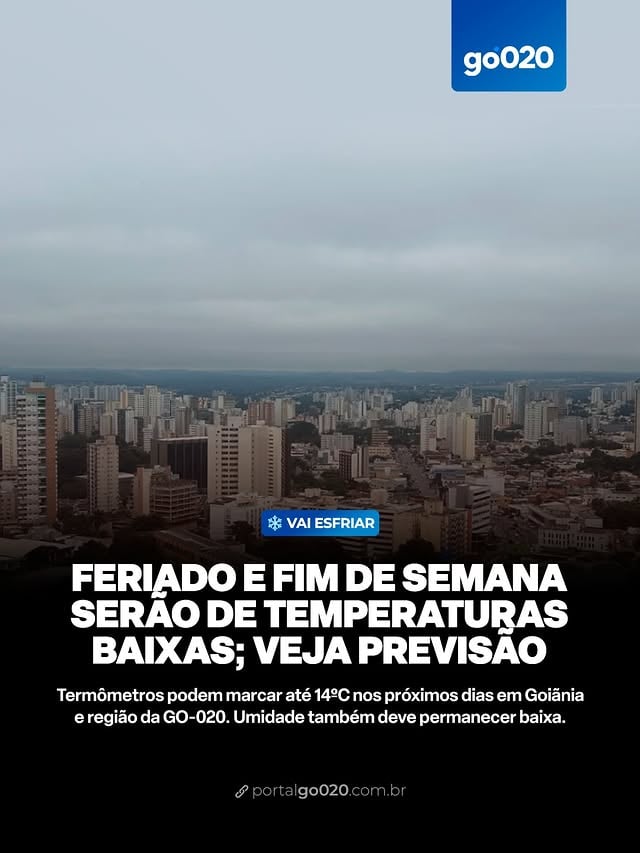 Uma massa de ar frio que avançou sobre Goiás deve derrubar ainda mais as temperaturas em Goiânia e em toda a Região Metropolitana durante o feriado prolongado de Corpus Christi.A previsão indica que entre quinta-feira (04/06) e domingo (07/06) os termômetros poderão registrar mínimas de até 14°C, especialmente durante a madrugada e nas primeiras horas da manhã, quando a sensação térmica tende a ser ainda mais baixa. A amplitude térmica também é um ponto de atenção, mesmo com a mínima de frio, a máxima pode chegar a 28°C.De acordo com as condições meteorológicas previstas para os próximos dias, o frio será mais intenso ao amanhecer e durante a noite, exigindo atenção redobrada da população, principalmente de crianças, idosos e pessoas em situação de vulnerabilidade. Apesar das tardes continuarem com temperaturas mais amenas e presença do sol, o contraste térmico entre o início e o fim do dia deve ser significativo. Não há possibilidade de chuva para esses dias.Além da queda nas temperaturas, a massa de ar frio também reforça as características típicas do período de estiagem em Goiás. Com a redução da umidade do ar e a ausência de chuvas, o tempo seco se torna ainda mais evidente, aumentando os riscos de problemas respiratórios, alergias, irritações nos olhos e na pele.Especialistas recomendam reforçar a hidratação, evitar exposição prolongada ao sol nos horários mais quentes do dia e manter ambientes ventilados para minimizar os impactos do clima sobre a saúde.✍️ Da Redação | 📸 Divulgação by @portalgo020