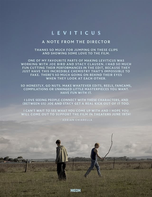 "They just have this incredible chemistry that's impossible to fake. There's so much going on behind their eyes when they look at each other." 

From director Adrian Chiarella's eyes to yours, the official LEVITICUS scene pack. Edit your heart out. Explore the scene pack via bit.ly/leviticuspack