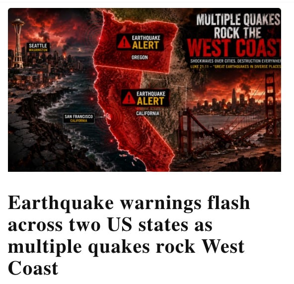 ⚠️ ALERT: Multiple powerful earthquakes struck the West Coast Wednesday morning, triggering emergency alerts across California and Oregon as a series of tremors ranging from magnitude 5.7 to 4.5 rattled communities from Eureka to Reedsport. As seismic activity intensifies with no major damage reported thus far, the quakes serve as a sobering reminder of the birth pains described in Scripture, where Jesus warned of earthquakes in various places as signs of the end times drawing near, calling believers to watch and remain steadfast in faith amid growing global unrest.https://endtimeheadlines.org/2026/06/earthquake-warnings-flash-across-two-us-states-as-multiple-quakes-rock-west-coast/#EndTimesSigns #EarthquakesProphecy #BiblicalWarnings #WatchAndPray by @endtimeheadline