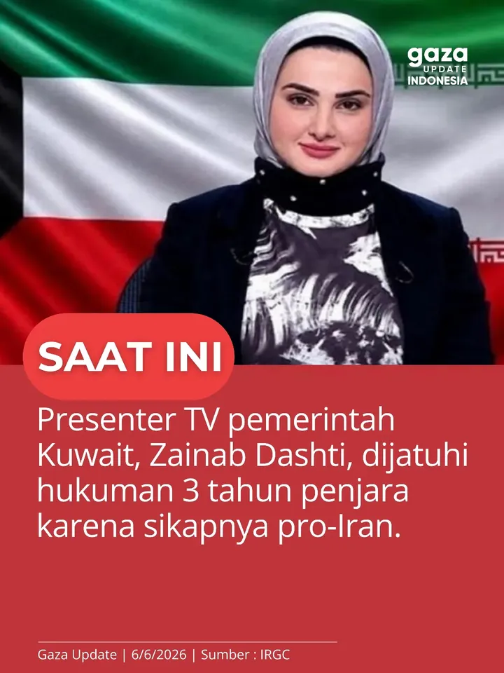 Presenter TV pemerintah Kuwait, Zainab Dashti, dijatuhi hukuman 3 tahun penjara karena sikapnya pro-Iran.

Zainab Dashti, seorang presenter kelahiran Kuwait, dijatuhi hukuman 3 tahun penjara setelah mengunggah di media sosial yang dianggap pro-Iran oleh otoritas Kuwait.

Kasus ini telah menarik perhatian organisasi hak asasi manusia di tengah meningkatnya pembatasan terhadap jurnalis dan aktivis politik di Kuwait.

#gazaupdate #gazaupdateindonesia