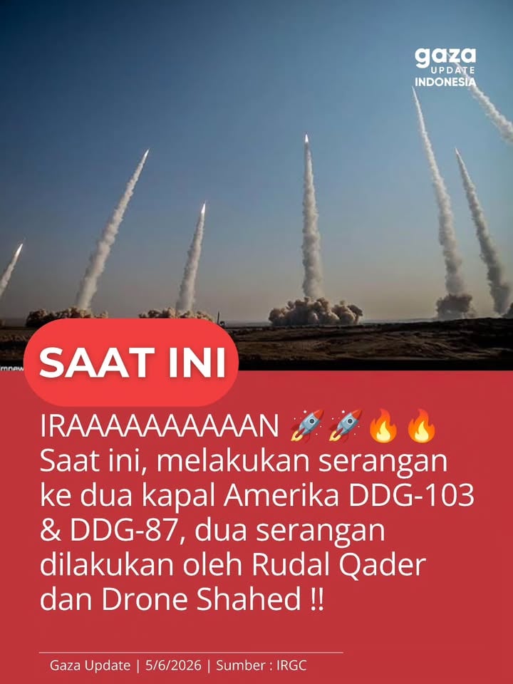 IRAAAAAAAAAAN 🚀🚀🔥🔥 Saat ini, melakukan serangan ke dua kapal Amerika DDG-103 & DDG-87, dua serangan dilakukan oleh Rudal Qader dan Drone Shahed !!

#gazaupdateindonesia #gazaupdate