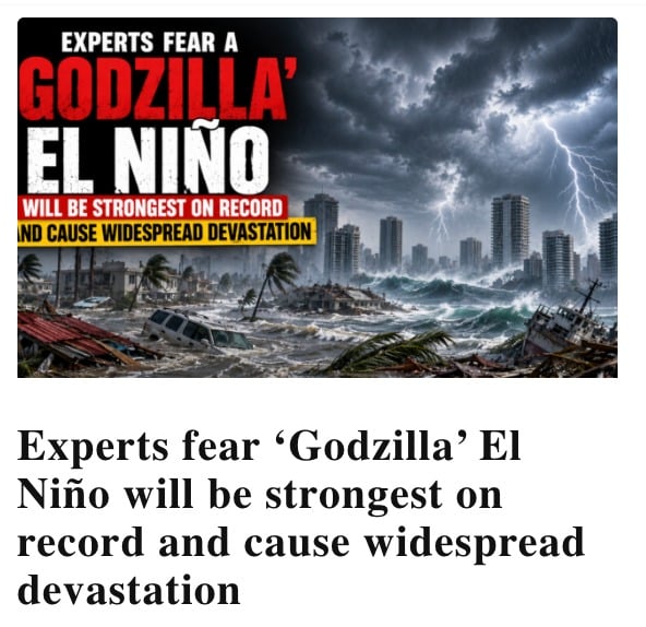 ⚠️ Experts warn that a powerful “Godzilla” El Niño event is developing in the Pacific Ocean and could become the strongest on record, threatening widespread extreme weather, economic disruption, and political instability across multiple continents.https://endtimeheadlines.org/2026/06/experts-fear-godzilla-el-nino-will-be-strongest-on-record-and-cause-widespread-devastation/#EndTimesSigns #SuperElNino #ExtremeWeather #SignsOfTheTimes by @endtimeheadline