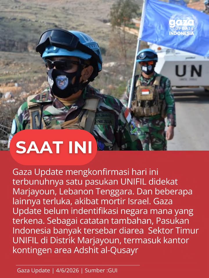 Gaza Update mengkonfirmasi hari ini terbunuhnya satu pasukan UNIFIL didekat Marjayoun, Lebanon Tenggara. Dan beberapa lainnya terluka, akibat mortir Israel. Gaza Update belum indentifikasi negara mana yang terkena. Sebagai catatan tambahan, Pasukan Indonesia banyak tersebar diarea Sektor Timur UNIFIL di Distrik Marjayoun, termasuk kantor kontingen area Adshit al-Qusayr.

4/6/2026 #gazaupdateindonesia #gazaupdate