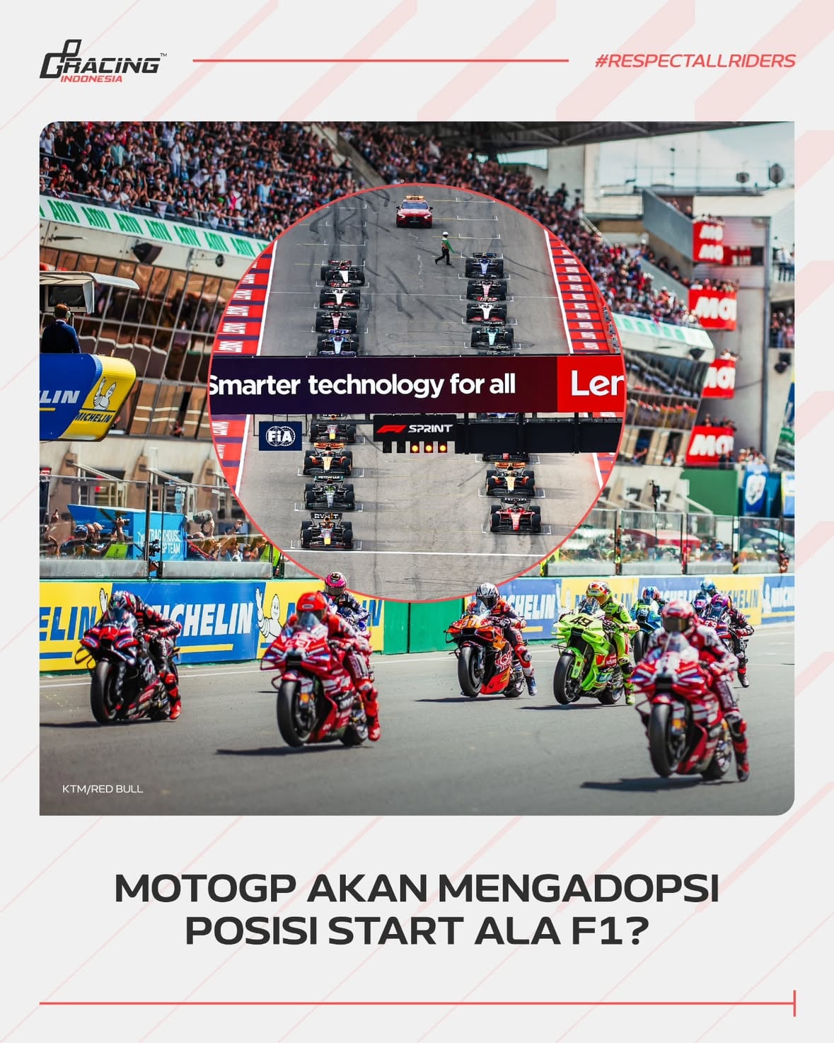 MotoGP sedang memikirkan ide baru untuk posisi start. Jika saat ini setiap baris start diisi 3 pembalap, rencananya akan ada perubahan ke format 2 pembalap per baris, seperti Formula 1.

Hal ini dinilai menjadi solusi agar pembalap lebih mudah bermanuver selepas start menjelang tikungan pertama.

Format start MotoGP cenderung berubah-ubah. Era awal grand prix, motor perlu didorong untuk dinyalakan sendiri saat start. Kemudian format berubah ke posisi start 4 pembalap per baris. Format tersebut berubah lagi mulai 2004 ke format 3 pembalap per baris.

📸 KTM / Red Bull Content Pool

#GPRacingIndonesia #RespectAllRiders #MotoGP