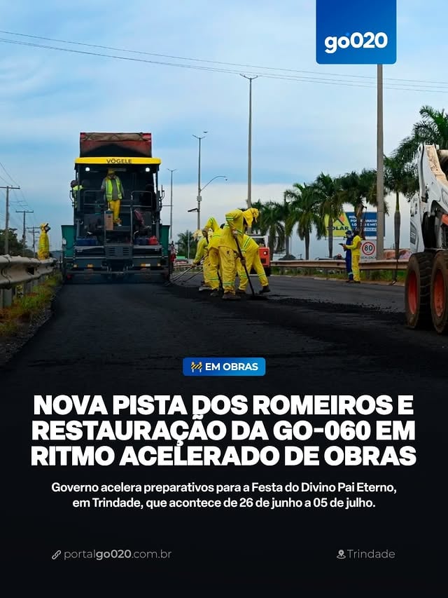 A Romaria em louvor ao Divino Pai Eterno, em Trindade, deve movimentar milhares de pessoas em torno da festa, e para receber quem vem à cidade, o Governo de Goiás intensificou as ações de planejamento e entrega de obras na GO-060, a famosa Rodovia dos Romeiros, para garantir maior conforto e segurança aos fiéis que acompanham a Festa do Divino Pai Eterno.As iniciativas incluem a reconstrução da pista de caminhada dos romeiros, o reforço no policiamento durante a festividade, abertura do tradicional Centro de Apoio aos Romeiros (CAR) e as melhorias em infraestrutura rodoviária.Considerada a maior peregrinação do Centro-Oeste e a segunda maior do Brasil, a festa completa 186 anos de história em 2026 e será realizada entre os dias 26 de junho e 5 de julho. Como de costume, deve reunir devotos do Estado e de outras regiões do Brasil no maior evento mundial dedicado especificamente à Santíssima Trindade.O governador de Goiás, Daniel Vilela, destacou que o “governo do Estado está sempre à disposição com os investimentos e estruturas necessários para garantir que, a cada ano, a festa esteja ainda mais organizada e estruturada”.Com foco no deslocamento de fiéis que peregrinam a pé até a Capital da Fé, o governo realizou a reconstrução total do pavimento da pista de caminhada dos romeiros. Localizada às margens da GO-060, entre Goiânia e Trindade, a pista recebeu novo pavimento, construção de meio-fio, pintura e caiação, visando garantir mais segurança e conforto às pessoas que fazem a caminhada.🔧 Fase das obrasAtualmente, a obra está em fase de conclusão, com a instalação de serviços de sinalização. Já a rodovia GO-060 passa por processo de restauração asfáltica para garantir maior segurança e trafegabilidade aos motoristas que passam pela região. O trecho que liga Trindade a Goiânia já alcançou 72% de avanço físico nas obras, com restauração do pavimento da pista de rolagem concluída. No trecho contrário, a Goinfra realiza o preparo para início da fresagem do pavimento e trabalha no primeiro trecho de obras.📲 Matéria completa no #PortalGO020 [link na bio]✍️ Da Redação | 📸 Divulgação by @portalgo020