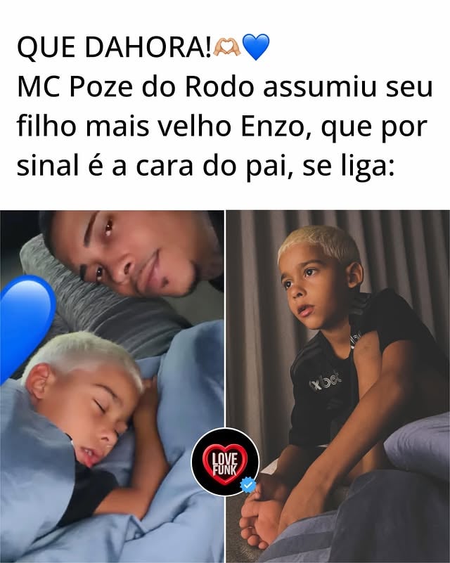 A CARA DO PAI! O cantor @pozevidalouca assumiu hoje nas redes sociais a paternidade do seu filho Enzo, tornando assim seu primogênito. Poze descobriu recentemente sobre a criança através da mãe que teria se envolvido no passado, e foi feito um teste de DNA, resultando em positivo. Que Deus abençoe.💙🫶🏼