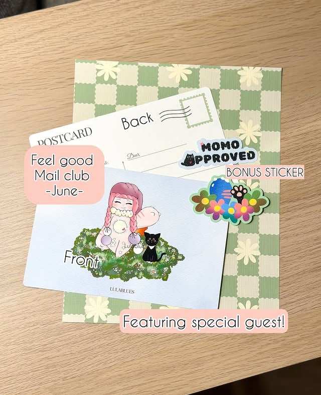 Oh, do we have a surprise for you! Our June edition of Feel Good Mail Club features a very SPECIAL GUEST, Tauri and her sprite, Momo, plus a bonus sticker!The art print also doubles as a postcard, so you can frame it or send it off to someone you love. Just a little note: please make sure your mailing address is correct and accepted by the post office to help ensure smooth delivery.#crochet #lulablues #artclub by @lulabluesbyangell