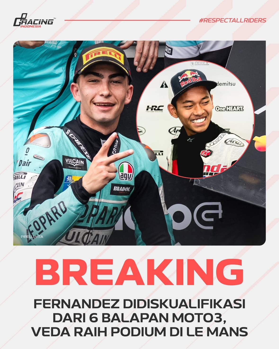 Adrian Fernandez resmi didiskualifikasi dari 6 balapan Moto3 di Thailand, Brasil, Amerika Serikat, Spanyol, Prancis, dan Catalunya. Ini berarti Fernandez hanya dinyatakan finis satu balapan yaitu di GP Italia di mana ia finis keempat.

Pembalap Leopard Racing ini diganjar hukuman berat setelah kawat pengaman mesin dan juga stiker yang digunakan sebagai penanda apabila mesin dibongkar secara ilegal ternyata rusak. Hal ini mengindikasikan adanya pembongkaran mesin yang tidak sesuai dengan regulasi. Mesin dengan segel nomor A810 tersebut digunakan pada 6 pekan balap sehingga semua hasilnya dinyatakan gugur.

Pihak Leopard Racing menolak memberikan pernyataan atas keputusan ini.

Dengan demikian, Veda Ega Pratama yang finis keempat pada balapan #FrenchGP yang berlangsung hujan resmi mendapatkan podium ketiga! 🏆🏆

📸 HTA / Pirelli

#GPRacingIndonesia #RespectAllRiders #MotoGP #Moto3