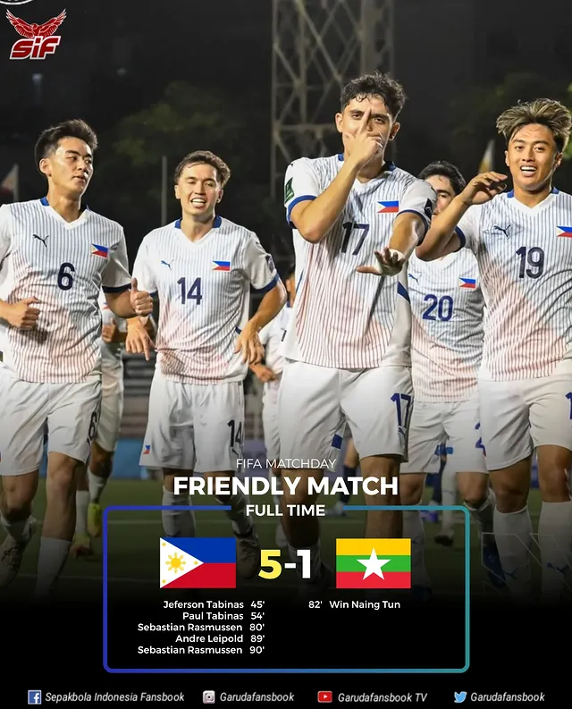 #SIF | FULL TIMEFT' Filipina (135) 🇵🇭 5 - 1 🇲🇲 Myanmar (158) Goal: Jeferson Tabinas 45' +1, Paul Tabinas 54', Sebastian Rasmussen 80' 90' +1Andre Leipold 89'; Win Naing Tun 81'✅ Filipina kalahkan Myanmar di Rizal Memorial Stadium, Manila#FIFAMatchday***#ComebackStronger✨#SemangatMenolakMenyerah 💕#KeepSupportIndonesiaNationalTeam ⚡💥