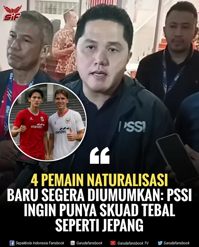 #SIF | 🇮🇩 PSSI KONFIRMASI 4 PEMAIN BARU SEDANG DALAM PROSES NATURALISASI ✍🏻

✅ Dalam wawancara terbaru, Erick Thohir menyampaikan selain Luke Vickery dan Mitchell Baker, ada 4 nama lain sedang dalam proses naturalisasi. PSSI juga menyampaikan urgensi mengapa Indonesia masih perlu menambah pemain naturalisasi

🗣️ "Ya kembali, kadang-kadang karena keterbatasan seperti cedera yang tidak diinginkan, kita harus antisipasi, seperti Miliano yang cedera, Marselino dan Jay Idzes, juga Mees Hilgers yang cedera, jadi kita harus punya skuad yang tebal, 2x11 hingga 3x11 sebagai pelapis"

🗣️ "Yang selalu kita sampaikan, seperti tim Jepang sendiri mereka bisa 5x11, semuanya main di tingkat-tingkat atas di Eropa" - Erick Thohir

#KitaGaruda

***
#ComebackStronger✨
#SemangatMenolakMenyerah 💕
#KeepSupportIndonesiaNationalTeam ⚡💥