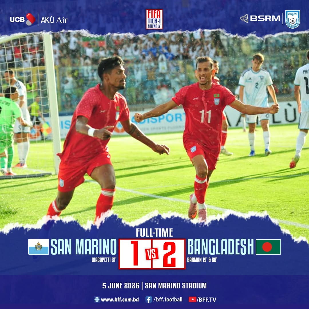 Full-TIME SCORE | FIFA International Friendly

San Marino 1-2 Bangladesh 

#BangladeshFootball #BFF #BSRM #UCB #AkijAir