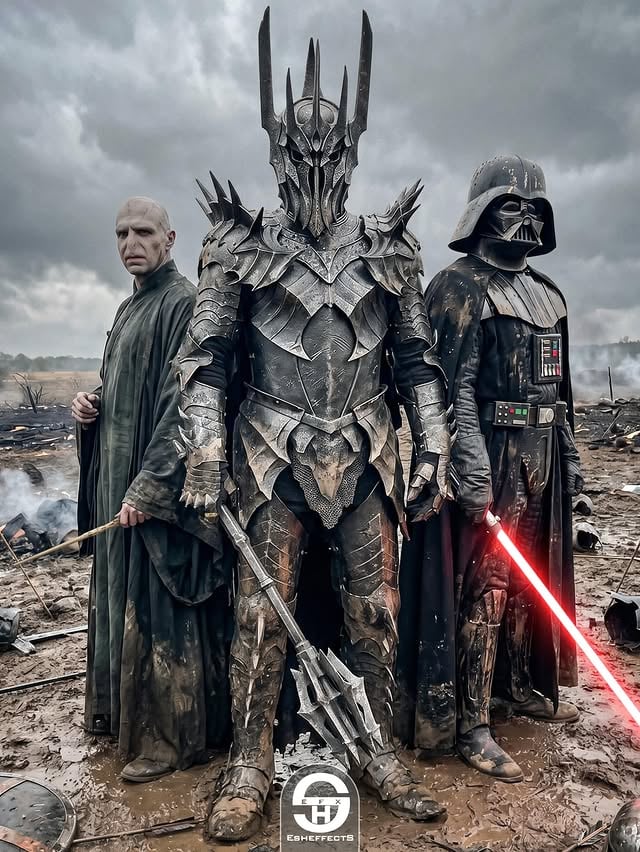 Bad Guys vs. Good Guys: 3 Worlds Collide on the Battlefield! Who you got? 

Team Bad Guys: Voldemort, Sauron, and Darth Vader

Team Good Guys: Harry Potter, Aragorn, Luke Skywalker