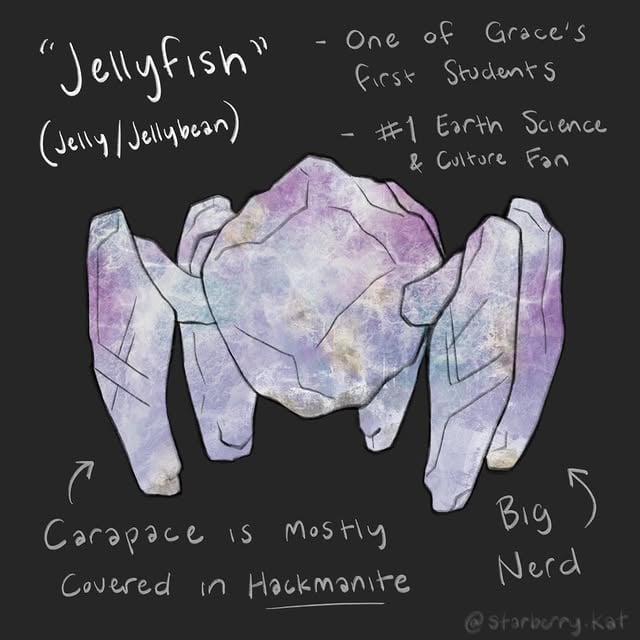 Super Special Color-Changing OC - DO NOT STEAL!!!Guess who finished the audiobook for the third time again today? 🫠 I’m not usually one to make OCs like this 😅 but I had an idea for a future drawing and I wanted to flesh out what this character is all about. Meet Jellyfish! One of Grace’s first students, they were immediately enthralled by Earth life and quickly became Erid’s number 1 expert on the subject. (Aside from Grace and maybe Rocky) Grace is somewhat perplexed by which things Jellyfish seems to like the most. They tend to get excited by very niche, unexpected parts of earth culture. Grace gave them their name for the pale, almost translucent mineral covering their carapace, only later noticing that their color seemed to change under the artificial UV light in his Earth-biome-dome. Naturally, being Grace, he did experiments with other UV light frequencies to figure out why. Turns out Jelly’s carapace is covered primarily in Hackmanite! - A rare variation of Sodalite, Hackmanite changes color under different wavelengths of UV light. Under UV-A it fluoresces a bright orange/pink color, and under UV-B bright blue, purple, and pink.When exposed to direct sunlight it goes through a phenomenon called “Tenebrescence”- Changing to a deep violet color. Depending on the origin of the stone, the color can fade in bright visible light or linger for weeks. (Eridians Big W for “people who like cool rocks” community).#projecthailmary #projecthailmaryfanart #projecthailmarymovie #projecthailmaryoc #eridian by @starberry.kat