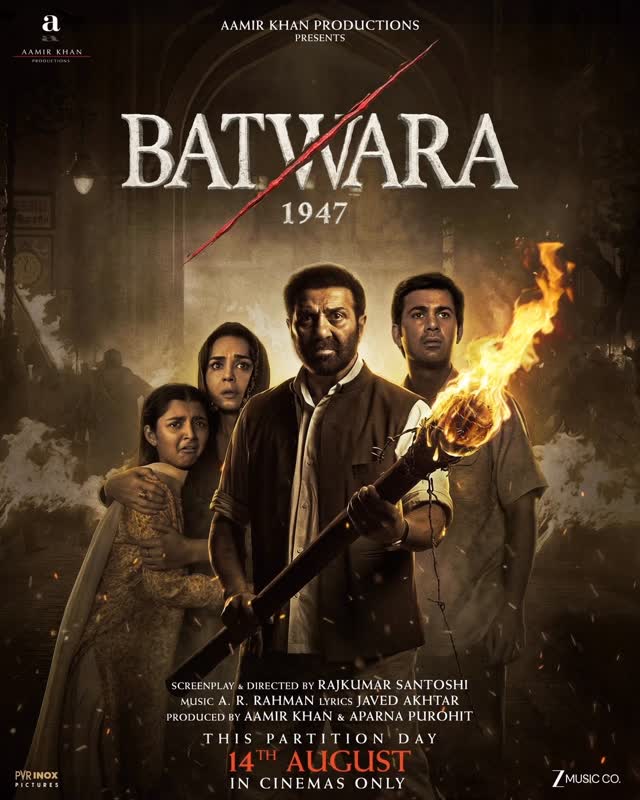In times of hatred and fear, he chose courage.Watch #Batwara1947 in theatres from 14th August 2026. @iamsunnydeol @realpz @azmishabana18 @alifazal9 @imkarandeol @sargam.singh44 @khhushihajare @kanikkakapur Direction & Screenplay: @rajkumarsantoshi.officialDialogues: @rajkumarsantoshi.official @wajahat_asgharProducers: Aamir Khan @aparnapurohit@aamirkhanproductions Lyrics: @jaduakhtarDOP: @sivan_santoshSound Design: @resulpookuttyEditor: @sally_salgaonkarProduction Design: @subratachakraborty706 @amitsrayCasting: @ghantaghartalkiesCostume Design: @maximabasuMake Up: @yazminrodgerzAction: @official_ravivarmaAssociate Producer: Shreyas KhedekarProduction Sound Mix: @ravidevsinghMedia Consultant: Spice MediaExecutive Producer: @poojaa9gMarketing Head: @saankimaanMarketing Consultant: @neejudgePublicity Design: Rahul NandaFirst AD: @bijish06Director’s Assistant: @mountain_frameColorist: Ashirwad HadkarVFX Supervisor: Ajay SFinancial Advisor: Bimal Parekh by @iamsunnydeol