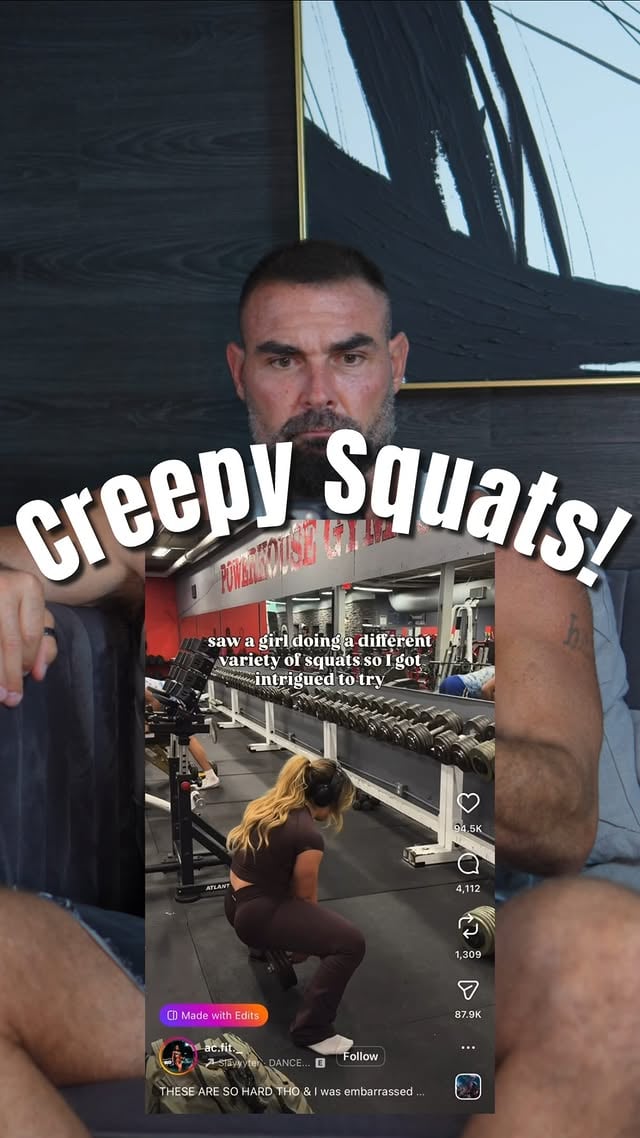 Love these creepy squats but won’t ever make them a main variation. Might work a little more glute and less legs. They’re always sure to turn heads lol. @ac.fit._ 🙌🏽