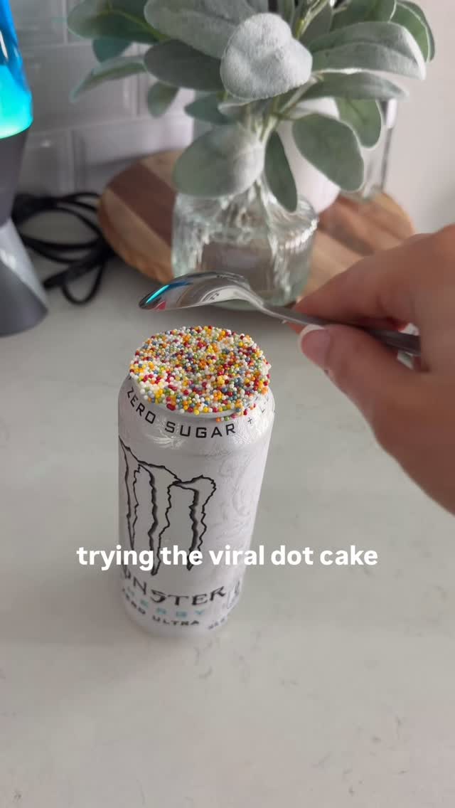 white monster dot cake 

it was actually so good it tasted like a dirty soda but then again what doesn’t taste good with frosting & sprinkles lmaoo 

.
#whitemonster #dotcake #reels #gymgirl #funny