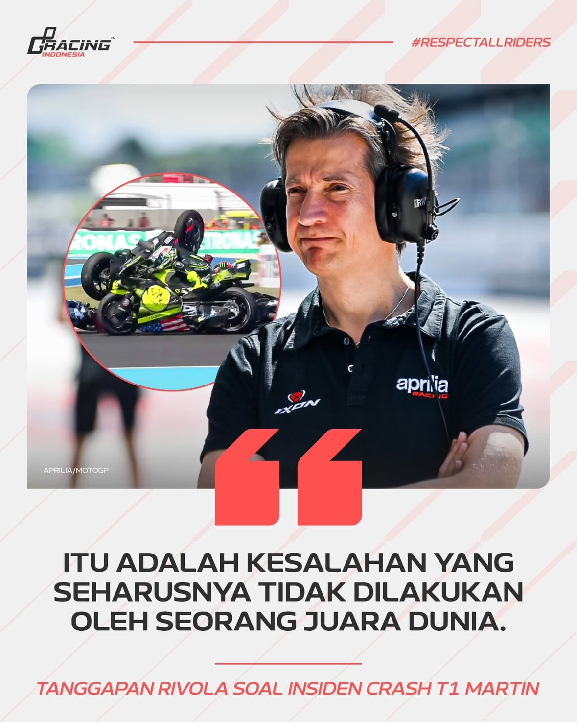 Bos Aprilia Massimo Rivola menyoroti insiden di tikungan pertama #HungarianGP yang menyebabkan crash 5 pembalap sekaligus, termasuk 3 dari 4 pembalap Aprilia.

Pria asal Italia itu dengan gamblang menyalahkan pembalapnya, Jorge Martin yang menurutnya terlalu agresif dan melakukan pengereman yang buruk.

Rivola bahkan menegaskan bahwa seorang juara dunia seharusnya tidak melakukan kesalahan tersebut yang berakibat fatal bagi pembalap lain.

"Pikiran pertama saya selalu tertuju pada para pembalap, kami meminta maaf (atas insiden ini)," buka Rivola kepada Sky Sport.

"Kesalahan Martin seharusnya tidak pernah terjadi, terutama ketika keselamatan dipertaruhkan dan Anda begitu agresif mendekati tikungan pertama."

“Itu adalah kesalahan yang aneh. Dia melakukan kesalahan pengereman yang buruk, tetapi dia tidak mengerem terlalu terlambat.” 

"Dia mengerahkan lebih banyak tenaga [pengereman] saat motor sedikit miring, di bagian trek yang daya cengkeramnya lebih rendah. Tetapi itu adalah kesalahan yang seharusnya tidak dilakukan oleh seorang juara dunia.”

Sebelumnya, Jorge Martin pernah melakukan manuver agresif di Sprint GP Jepang tahun lalu, bahkan juga menyeret rekan satu timnya, Marco Bezzecchi.

"Saya rasa (hasilnya) serupa, tetapi kesalahannya sangat berbeda. Tahun lalu dia mengerem terlalu keras dan itu reaksi yang berbeda."

"Kali ini, saya tidak ingin mengatakan itu kesalahan kecil, tetapi dia tidak menggunakan rem depan sebagaimana mestinya di bagian lintasan di tikungan pertama.” 

“Itu sangat berbeda dari Jepang. Kesalahan yang lebih kecil tetapi hasilnya sama. Bagi kami, bahkan lebih buruk," tutup Rivola dengan kesal.

📸 Aprilia | MotoGP

#GPRacingIndonesia #GPRI #RespectAllRiders #JorgeMartin