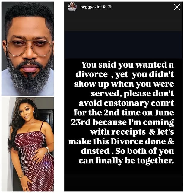 Actress Peggy Ovire calls out estranged husband, actor Freddie Leonard, accusing him of stalling their ongoing divorce proceedings and alleging he’s having an affair with a married woman with kids