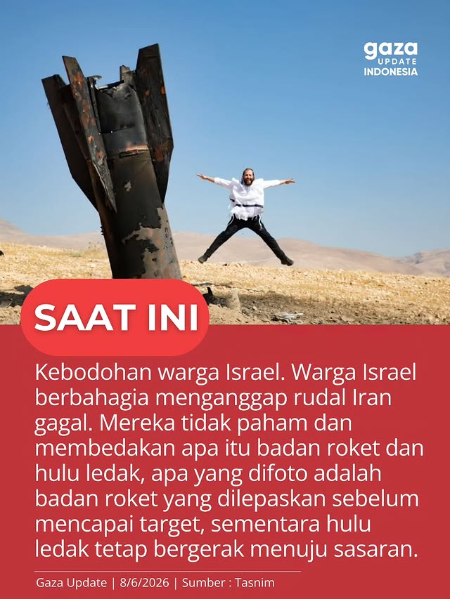 Kebodohan warga Israel mempublikasi secara massal Dnegan foto bergaya menganggap rudal Iran gagal mencapai target, faktanya apa yang difoto itu adalah badan rudal. Rudal memiliki beberapa badan rudal dan hulu ledak, saat ingin mencapai target badan akan dilepas seperti foto diatas, sementara hulu ledak tetap berjalan menuju sasaran.

#gazaupdateindonesia #gazaupdate