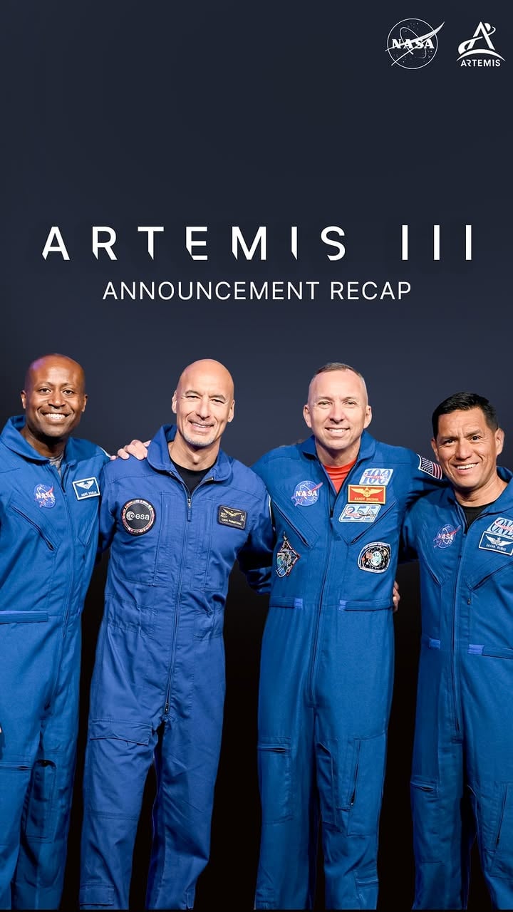 Get ready for Earth joy!

Earlier today, we announced the four astronauts who will go to space as part of Artemis III. The four crew members are:

- NASA astronaut Randy Bresnik (@astrokomrade)
- ESA (@EuropeanSpaceAgency) astronaut Luca Parmitano (@astro_luca)
- NASA astronaut Andre Douglas (@astro_andred)
- NASA astronaut Frank Rubio (@astro_frankrubio)

As part of the Artemis III mission, these four astronauts will undertake a series of challenging tests in low Earth orbit in 2027, setting future @NASAArtemis missions up to return humanity to the Moon.

Check out the link in bio to learn more about Artemis III!

Credit: NASA
#NASA #Artemis #ICYMI