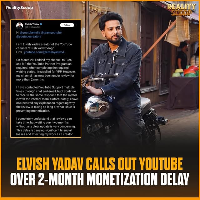 Elvish Yadav has raised concerns directly with YouTube after his channel remained under review for over 2 months 📉In his tweet, he revealed that despite following all required steps and repeatedly contacting support, he hasn’t received any clear update on his YPP application ⏳Calling the delay “concerning,” he highlighted the financial impact it’s causing and requested YouTube to personally review his case 🙏Fans are now backing him and demanding answers 👀🔥Will YouTube respond soon? 🤔👇#ElvishYadav #YouTubeIndia