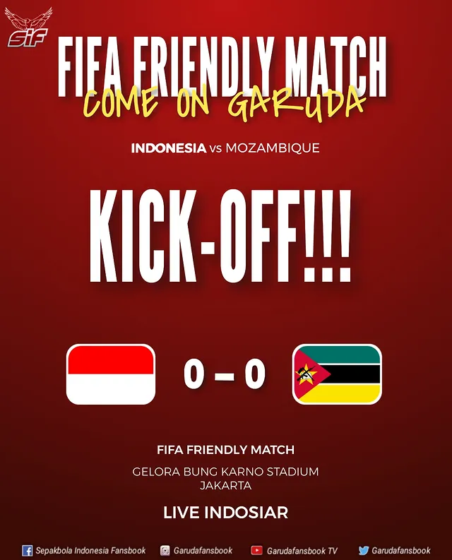 #SIF | KICK-OFF1' Indonesia 🇮🇩 0 - 0 🇲🇿 Mozambique#KitaGaruda ***#ComebackStronger✨#SemangatMenolakMenyerah 💕#KeepSupportIndonesiaNationalTeam ⚡💥